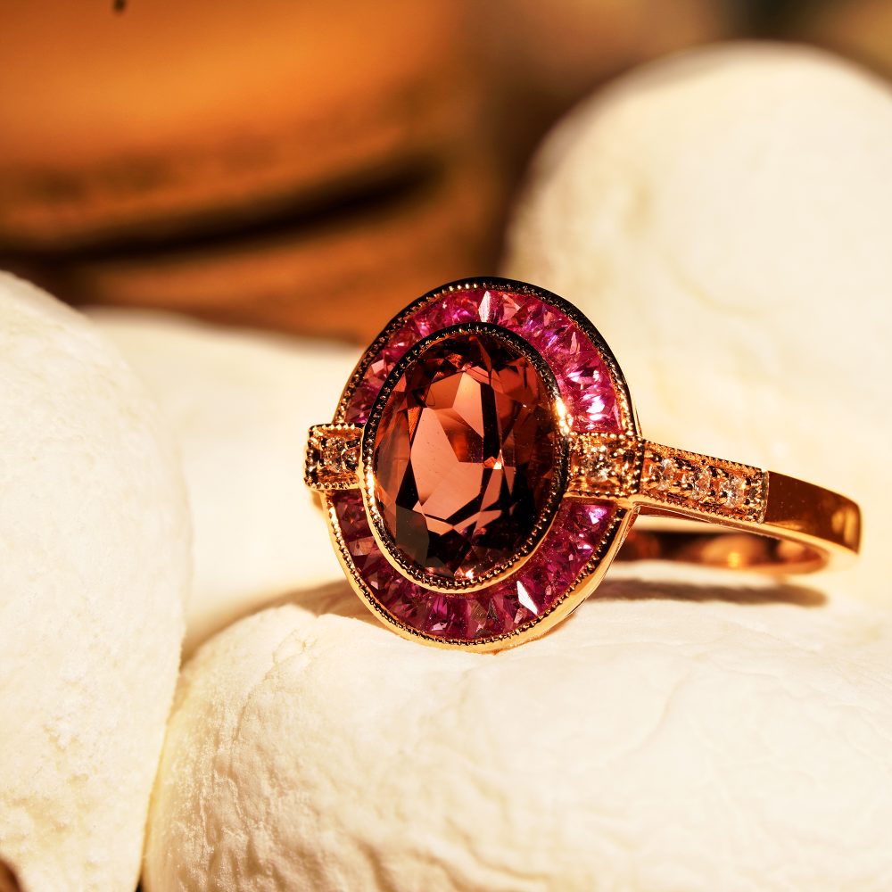 2.20ct Pink Tourmaline Ruby and Diamond Oval Target Cluster Engagement Ring in Rose Gold