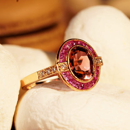 2.20ct Pink Tourmaline Ruby and Diamond Oval Target Cluster Engagement Ring in Rose Gold