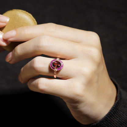 2.20ct Pink Tourmaline Ruby and Diamond Oval Target Cluster Engagement Ring in Rose Gold