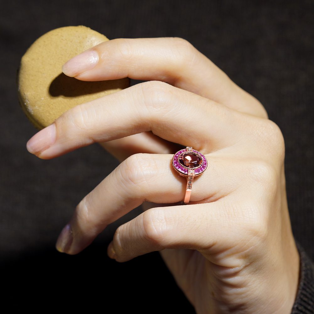 2.20ct Pink Tourmaline Ruby and Diamond Oval Target Cluster Engagement Ring in Rose Gold