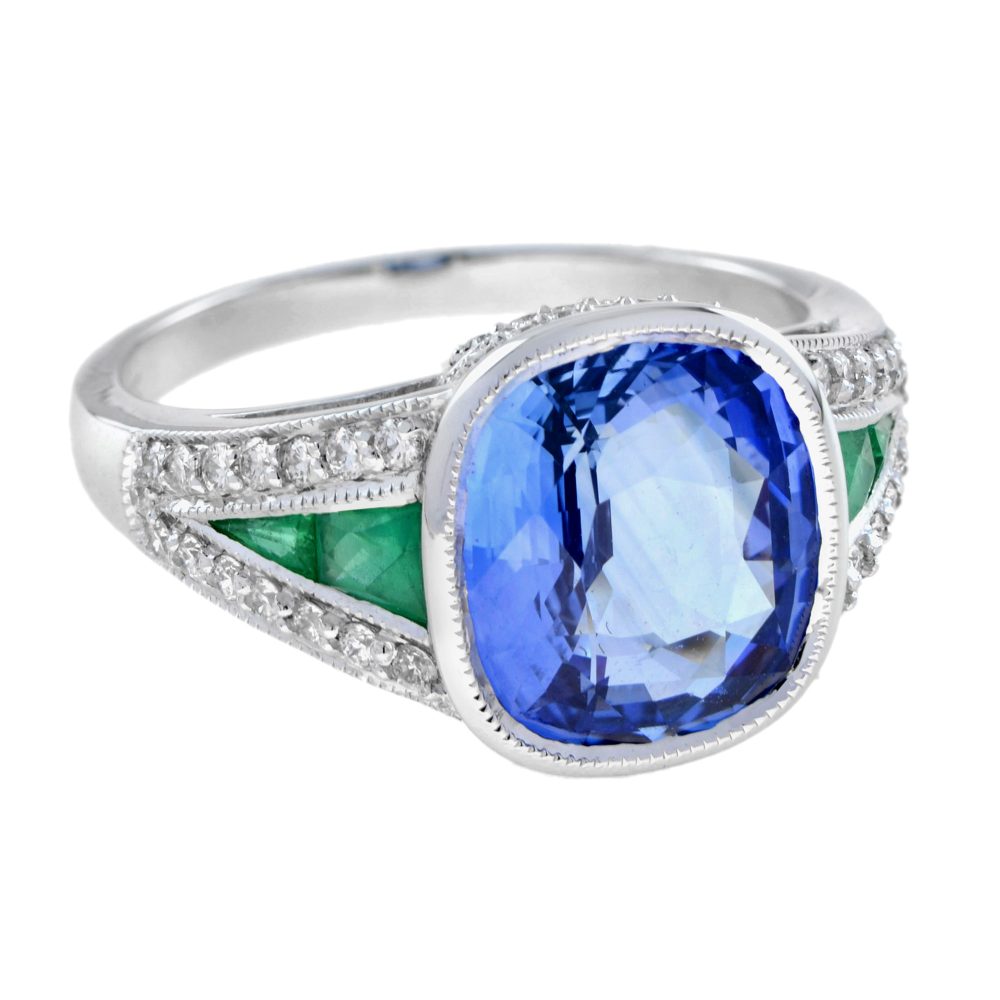 4.47ct Cushion Cut Ceylon Sapphire with Emerald and Diamond Cluster Engagement Ring