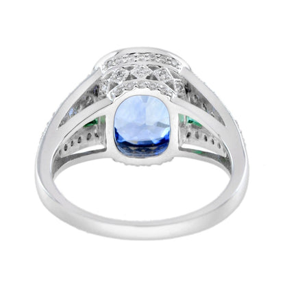 4.47ct Cushion Cut Ceylon Sapphire with Emerald and Diamond Cluster Ring