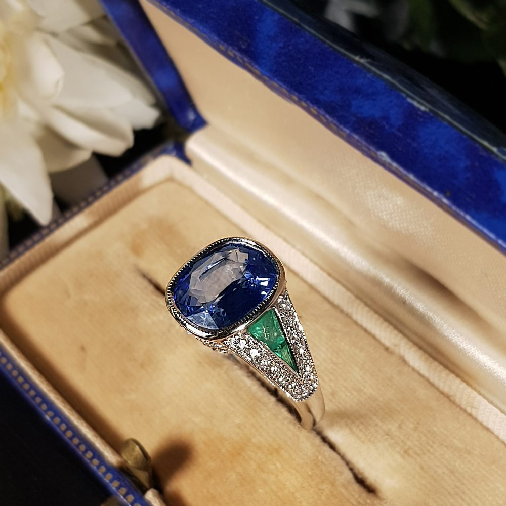 4.47ct Ceylon Sapphire with Emerald and Diamond Cluster Ring