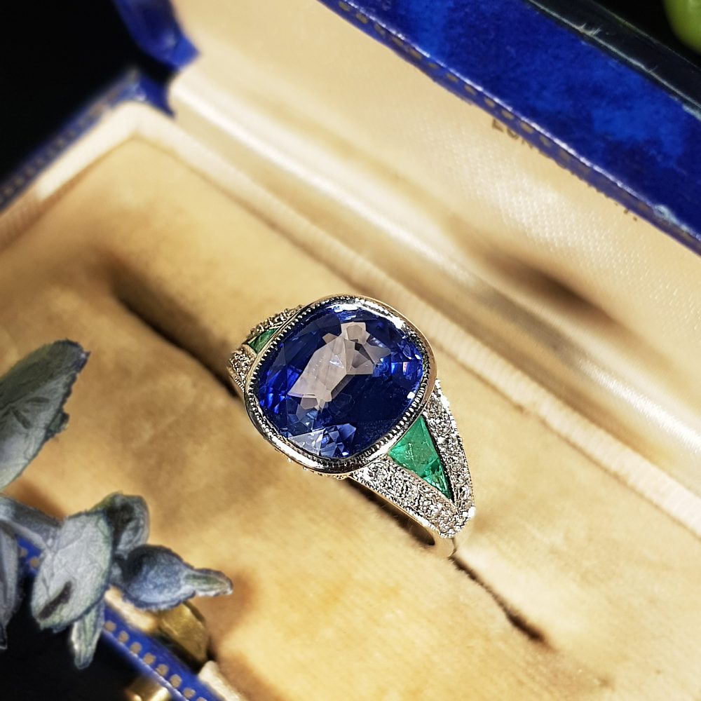4.47ct Ceylon Sapphire with Emerald and Diamond Cluster Ring