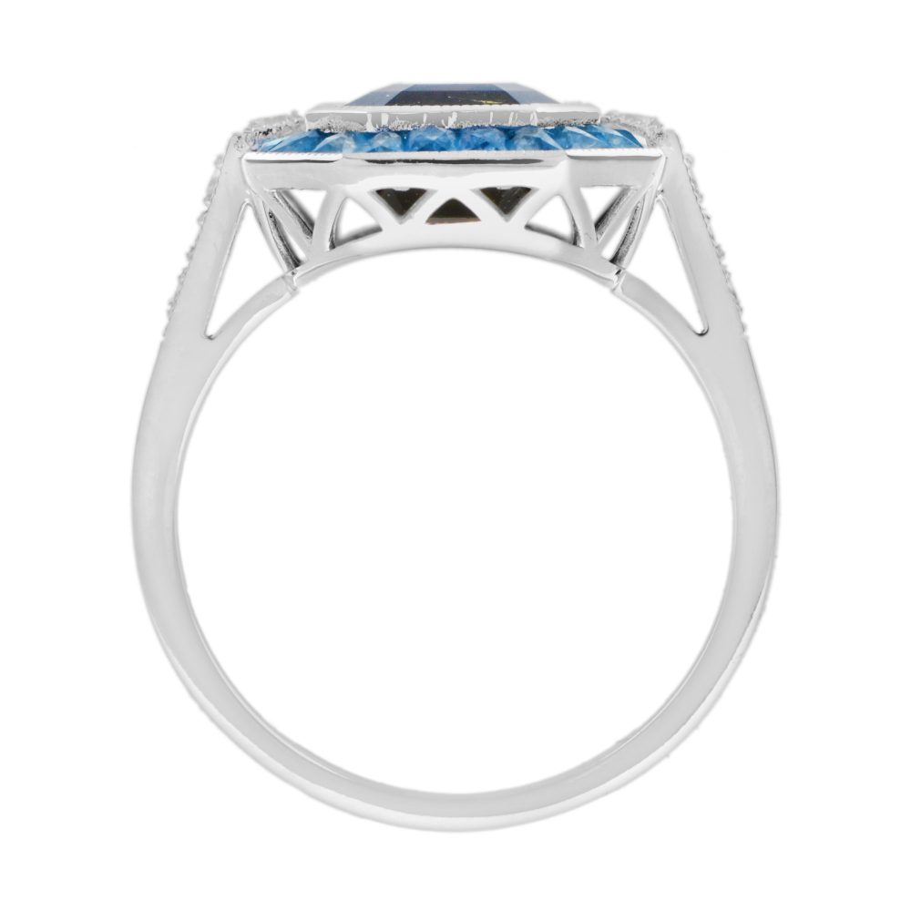 3.41ct Emerald Cut Green Tourmaline and Blue Topaz Cluster Ring with Diamond Shoulders in 14ct white gold with diamond shoulders