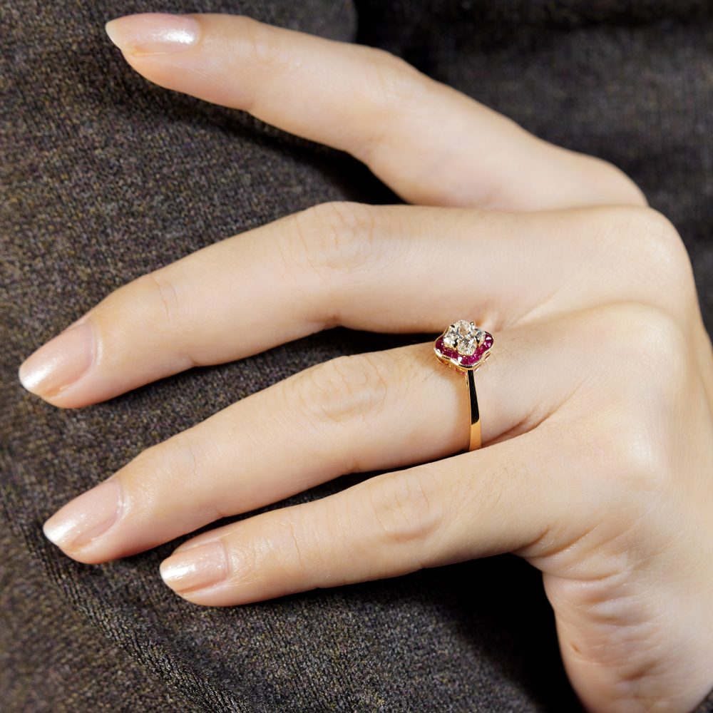 GIA Certified 1.01ct Lilly Cut Diamond and Ruby Quatrefoil Cluster Engagement Ring