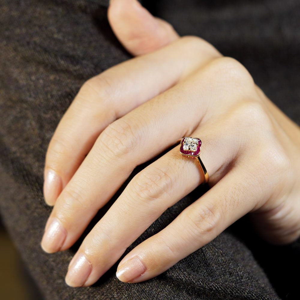 GIA Certified 1.01ct Lilly Cut Diamond and Ruby Quatrefoil Cluster Engagement Ring