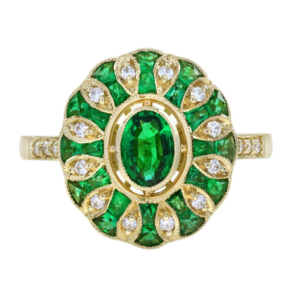Modern Emerald and Diamond Oval Cluster Ring in 18ct Yellow Gold