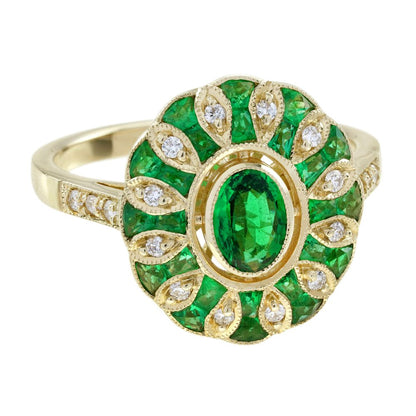 Modern Emerald and Diamond Oval Cluster Ring in 18ct Yellow Gold