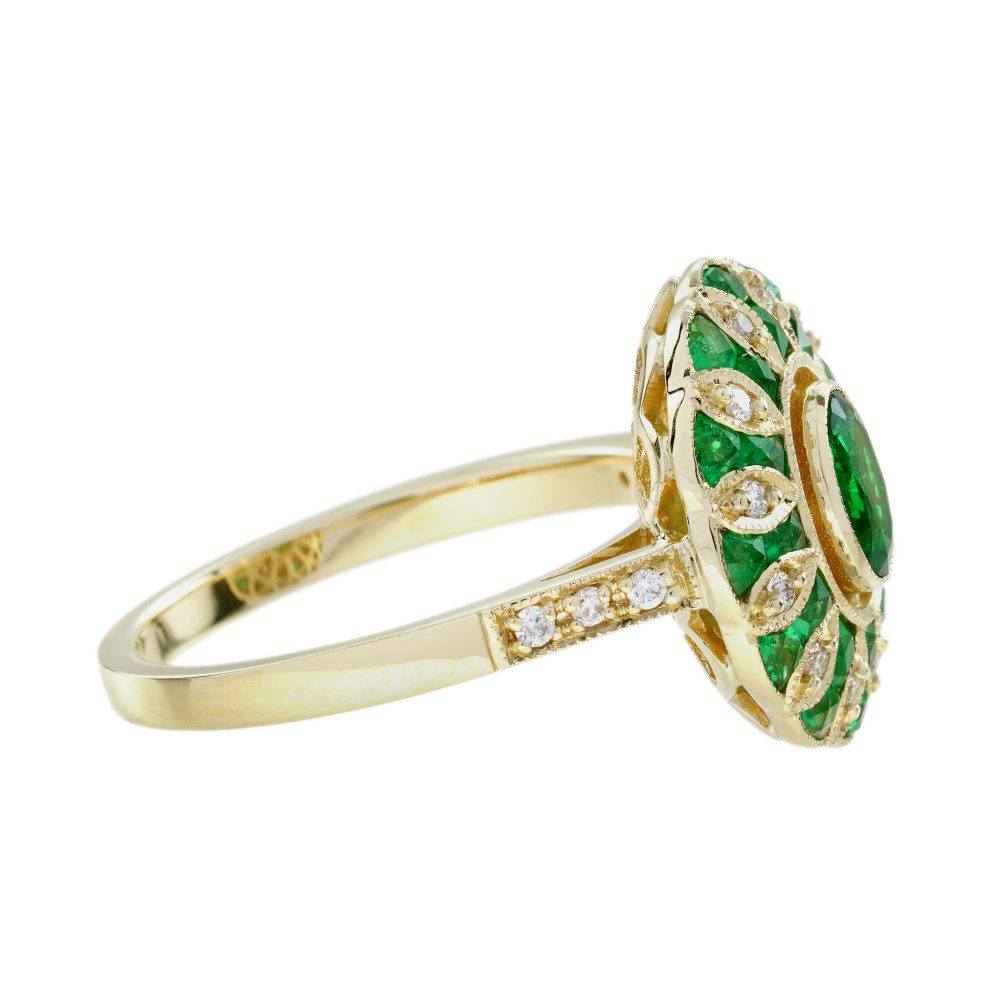 Modern Emerald and Diamond Oval Cluster Ring in 18ct Yellow Gold