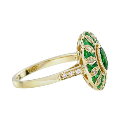 Modern Emerald and Diamond Oval Cluster Ring in 18ct Yellow Gold