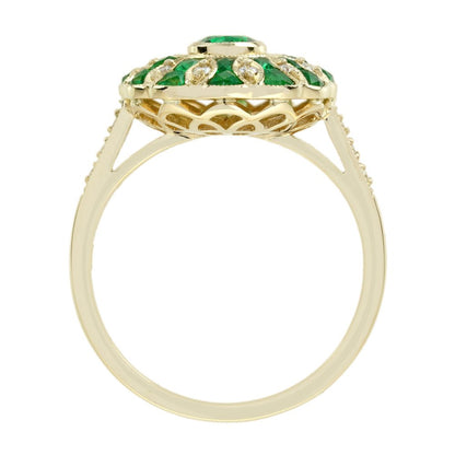 Modern Emerald and Diamond Oval Cluster Ring in 18ct Yellow Gold