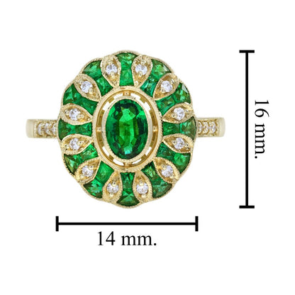 Modern Emerald and Diamond Oval Cluster Ring in 18ct Yellow Gold