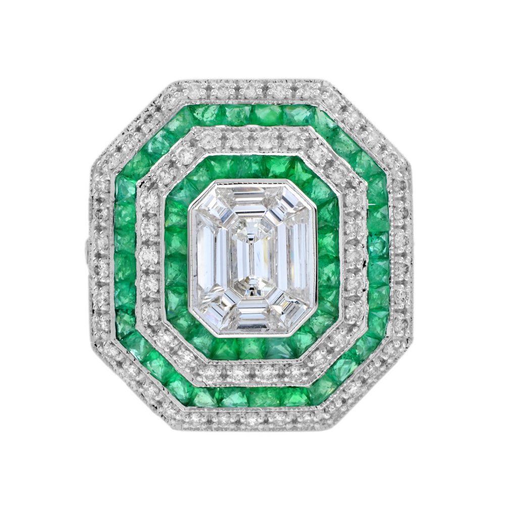 Art Deco Style Illusion Set Emerald Cut Diamond and Emerald Cluster Engagement Ring G colour VS clarity