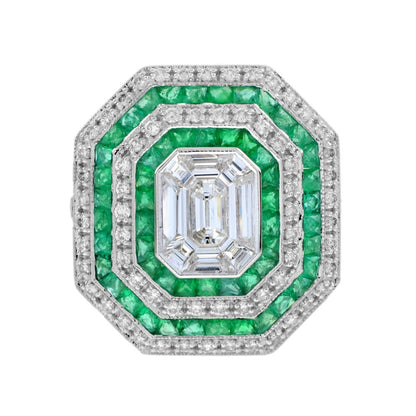 Art Deco Style Illusion Set Emerald Cut Diamond and Emerald Cluster Engagement Ring G colour VS clarity