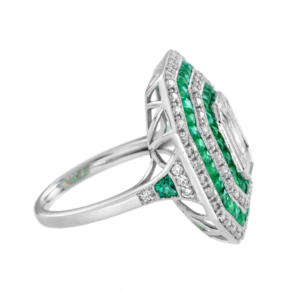 Art Deco Style Illusion Set Emerald Cut Diamond and Emerald Cluster Ring G colour VS clarity