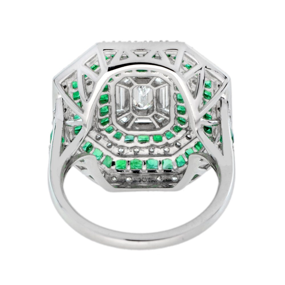 Art Deco Style Illusion Set Emerald Cut Diamond and Emerald Cluster Ring G colour VS clarity