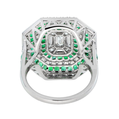 Art Deco Style Illusion Set Emerald Cut Diamond and Emerald Cluster Ring G colour VS clarity
