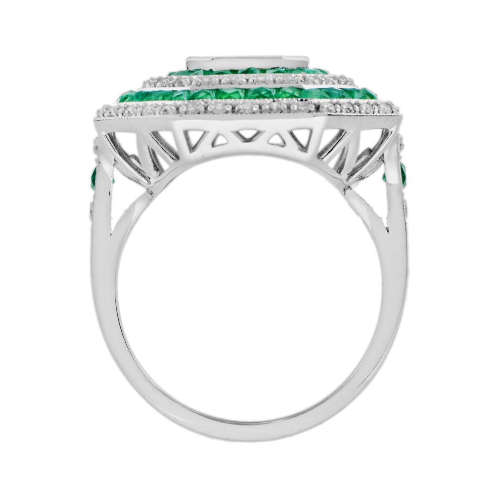 Art Deco Style Illusion Set Emerald Cut Diamond and Emerald Cluster Ring G colour VS clarity
