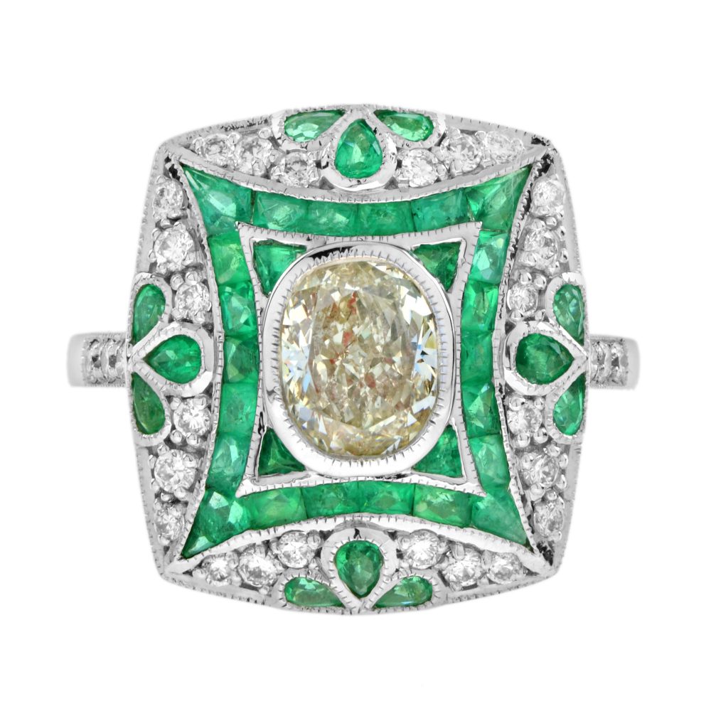 Certified 1.28ct Diamond and Emerald Cluster Dress Ring in 18ct White Gold