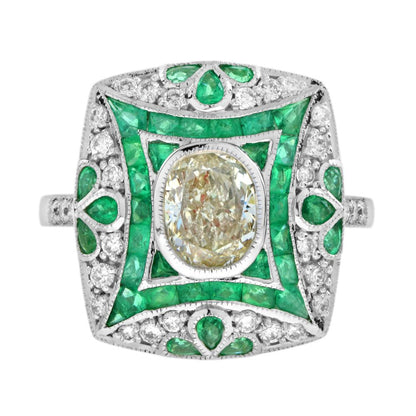 Certified 1.28ct Diamond and Emerald Cluster Dress Ring in 18ct White Gold