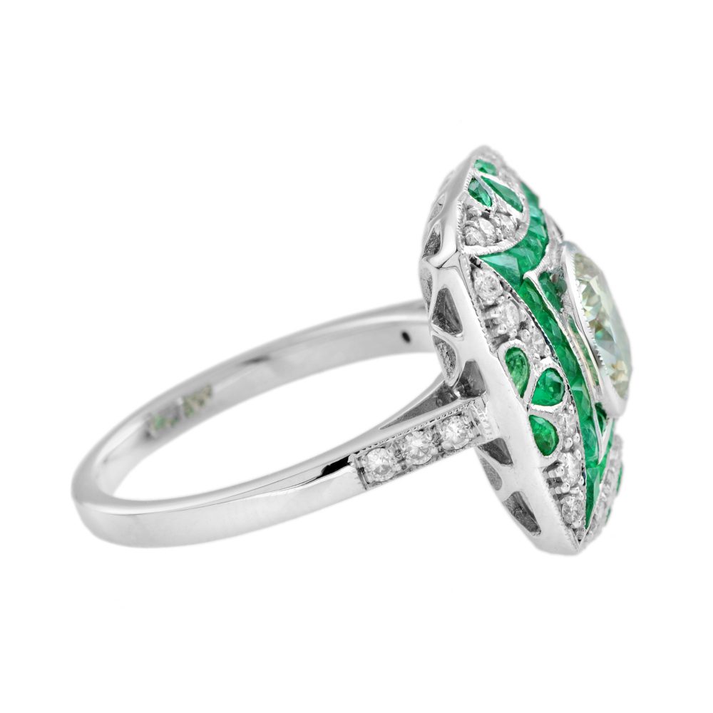 Certified 1.28ct Diamond and Emerald Cluster Dress Ring in 18ct White Gold