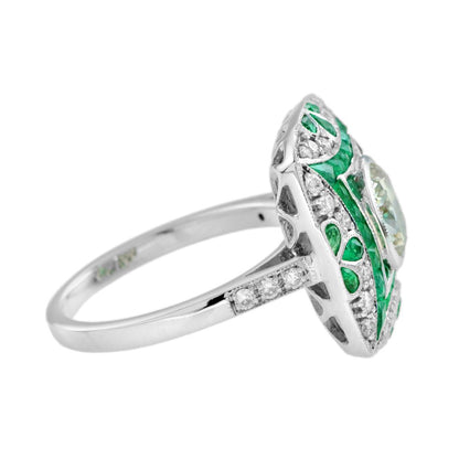 Certified 1.28ct Diamond and Emerald Cluster Dress Ring in 18ct White Gold