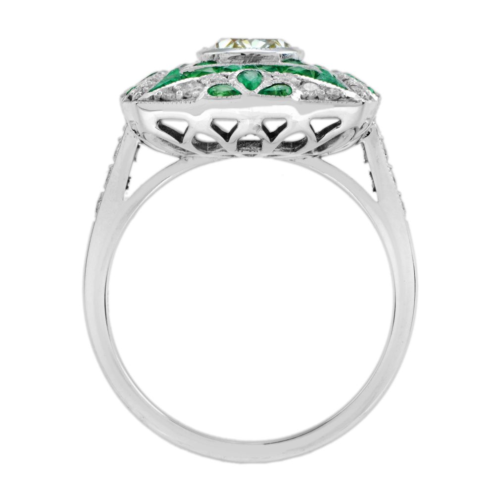 Certified 1.28ct Diamond and Emerald Cluster Dress Ring in 18ct White Gold