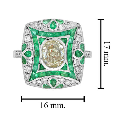 Certified 1.28ct Diamond and Emerald Cluster Dress Ring in 18ct White Gold