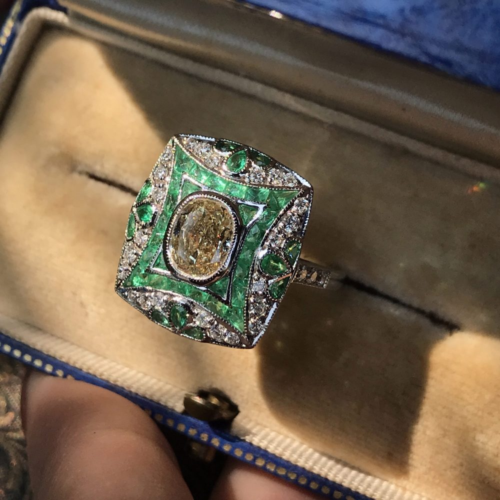 Certified 1.28ct Diamond and Emerald Cluster Dress Ring in 18ct White Gold