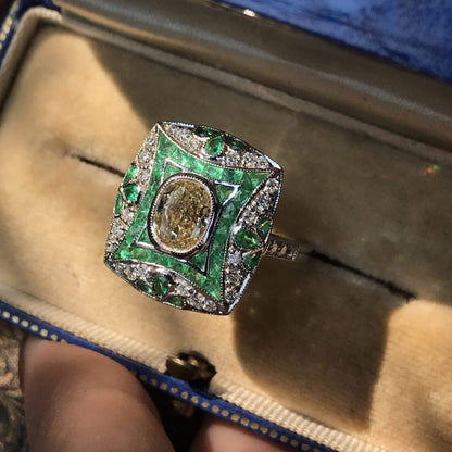 Certified 1.28ct Diamond and Emerald Cluster Dress Ring in 18ct White Gold