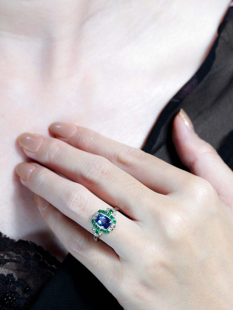 Ceylon Sapphire Emerald and Diamond Engagement Ring
