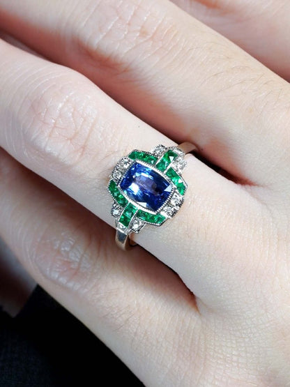 Ceylon Sapphire Emerald and Diamond Engagement Ring