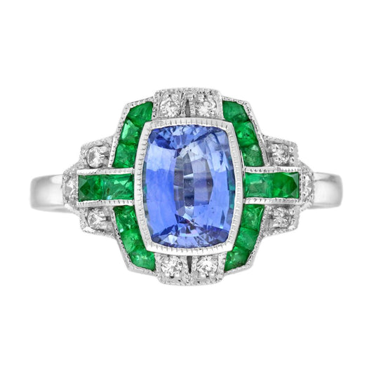 Ceylon Sapphire Emerald and Diamond Engagement Ring