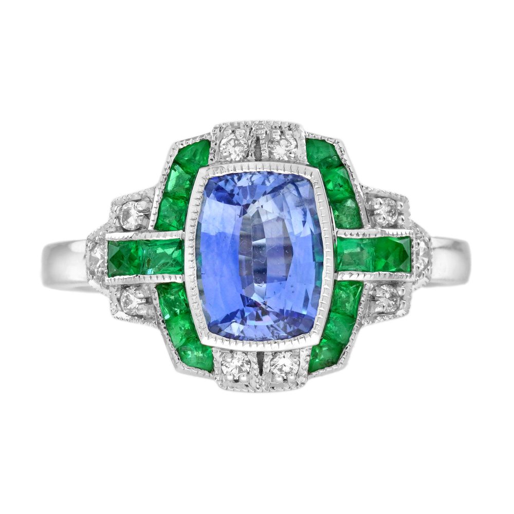 Ceylon Sapphire Emerald and Diamond Engagement Ring