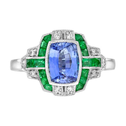 Ceylon Sapphire Emerald and Diamond Engagement Ring