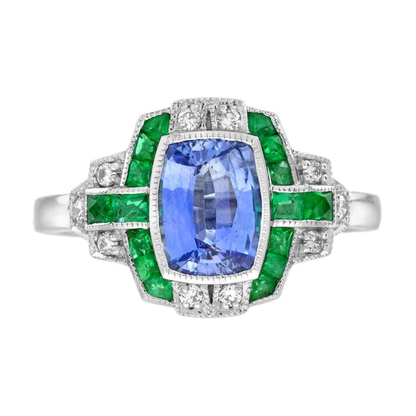 Ceylon Sapphire Emerald and Diamond Engagement Ring