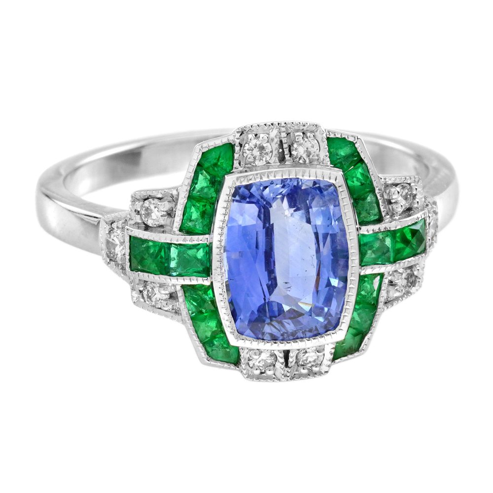 Ceylon Sapphire Emerald and Diamond Engagement Ring