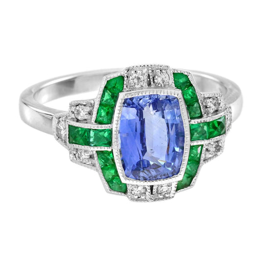 Ceylon Sapphire Emerald and Diamond Engagement Ring