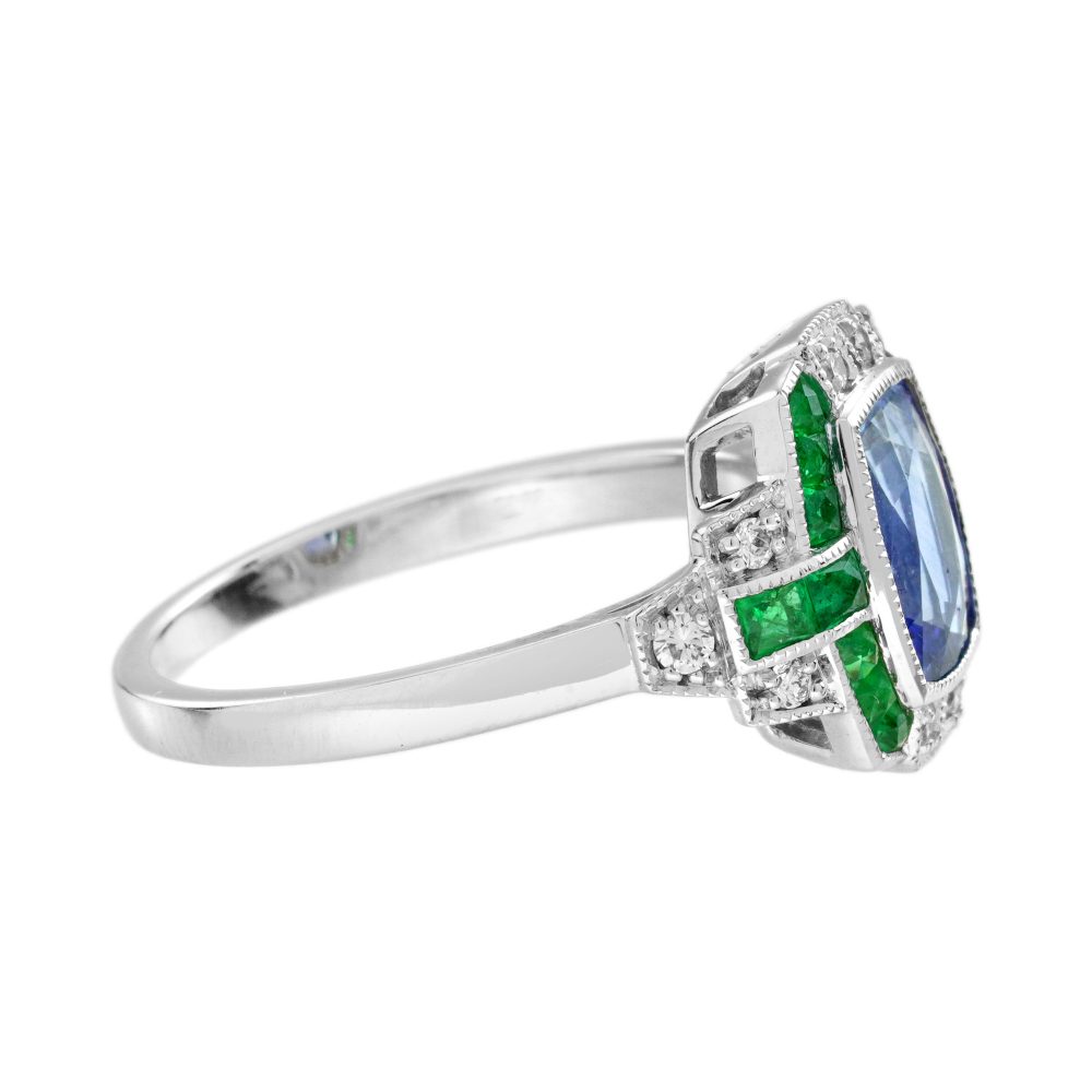 Ceylon Sapphire Emerald and Diamond Engagement Ring