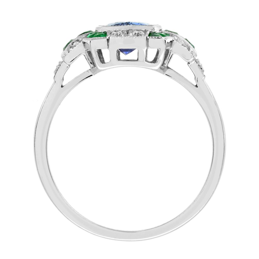 Ceylon Sapphire Emerald and Diamond Engagement Ring
