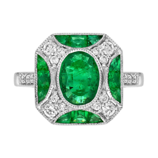 Art Deco Inspired 1.25ct Emerald and Diamond Cluster Engagement Ring