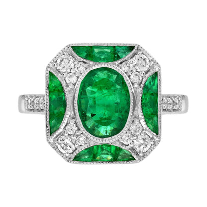 Art Deco Inspired 1.25ct Emerald and Diamond Cluster Engagement Ring