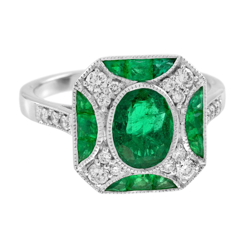 Art Deco Inspired 1.25ct Emerald and Diamond Cluster Engagement Ring