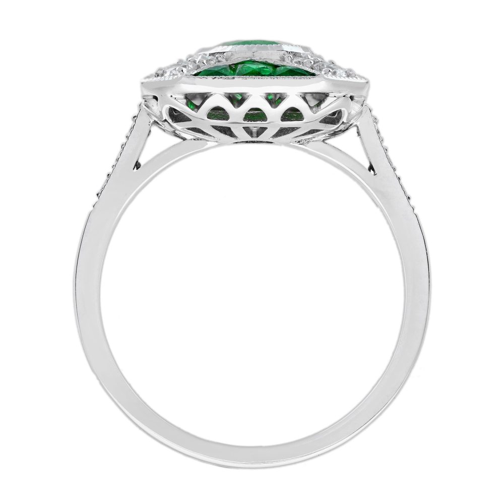 Art Deco Inspired 1.25ct Emerald and Diamond Cluster Engagement Ring
