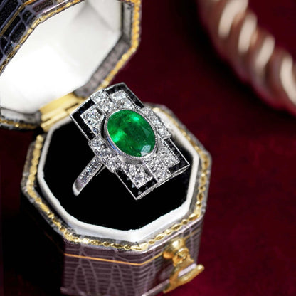 1.80ct. Emerald Diamond and Black Onyx Cluster Plaque Ring