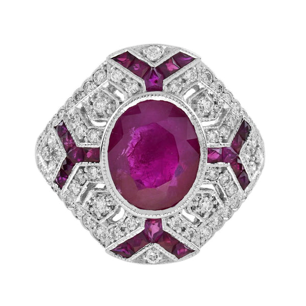 Art Deco Inspired 2.37ct Oval Burma Ruby and Diamond Cluster Dress Ring in 18ct White Gold