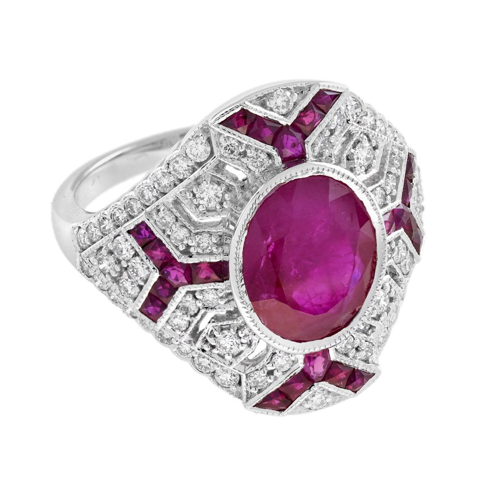 Art Deco Inspired 2.37ct Oval Burma Ruby and Diamond Cluster Dress Ring in 18ct White Gold
