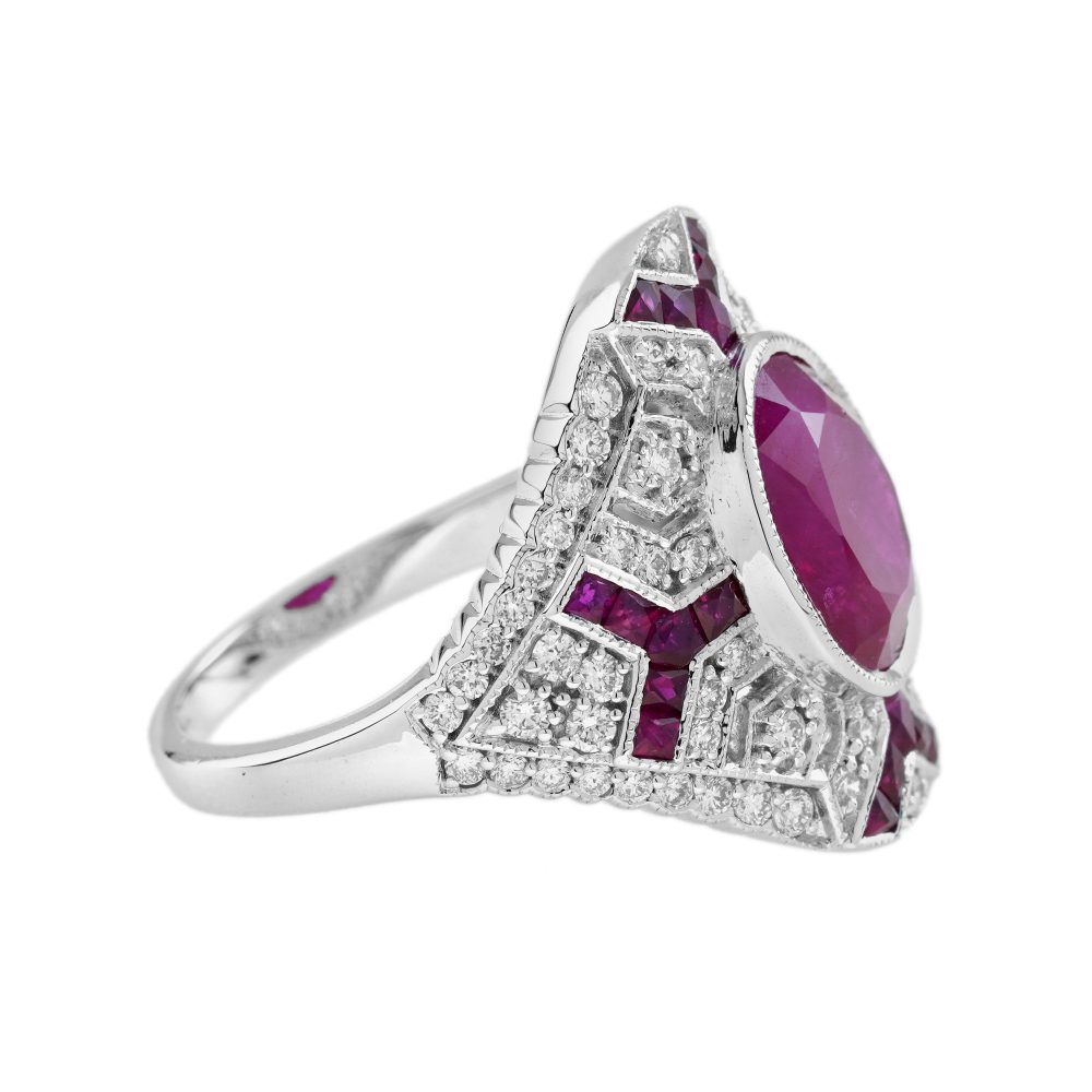 Art Deco Inspired 2.37ct Oval Burma Ruby and Diamond Cluster Dress Ring in 18ct White Gold