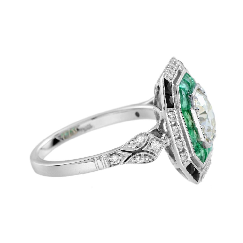 Old Cut Diamond Emerald and Onyx Octagonal Cluster Engagement Ring